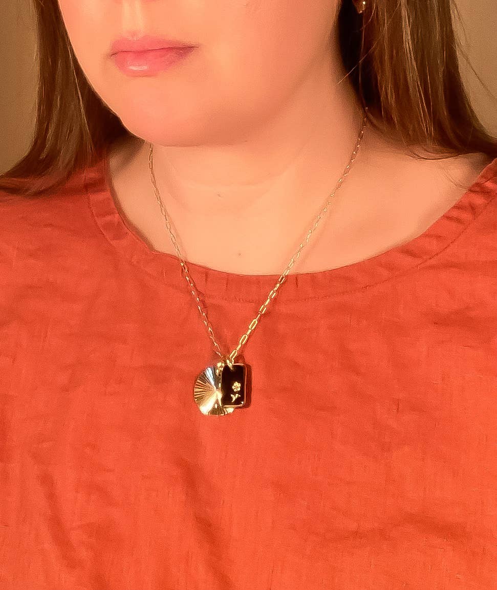 Black Glass & Sunburst Charm Necklace | 18"