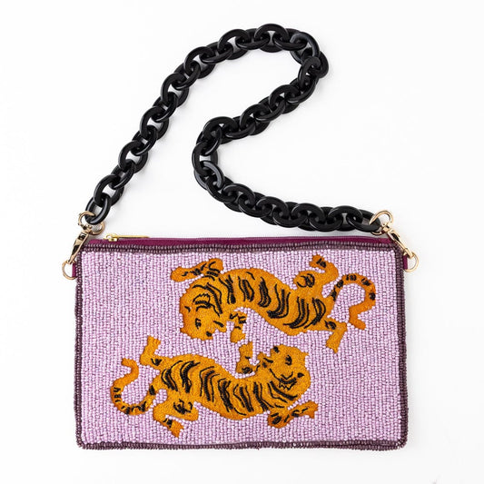 Eleanor Embroidered Tiger Purple Beaded Bag