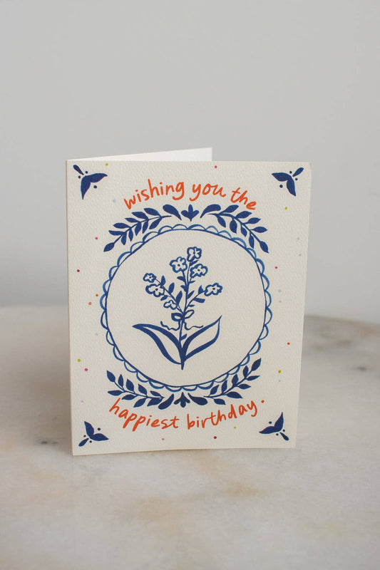 Blue Floral Polka Dot Birthday Card