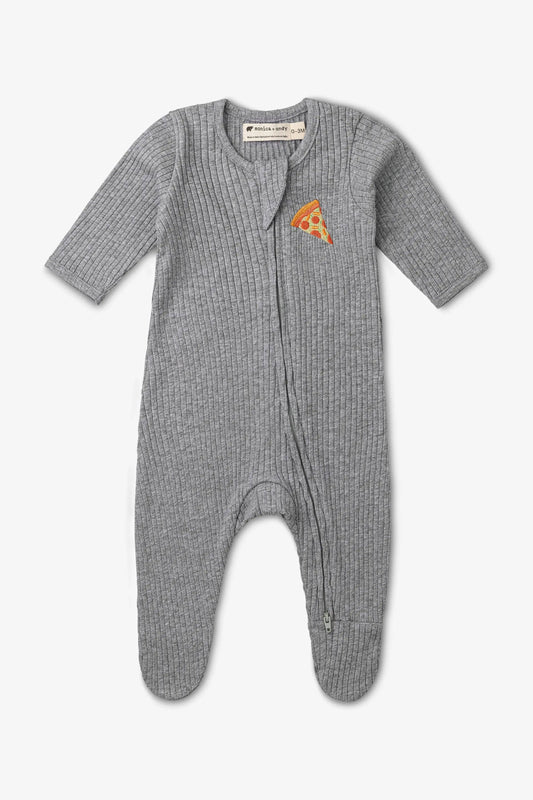 Zipper One-Piece_Embroidered Tiny Pizza: Unisex / Embroidered Tiny Pizza / 3-6m