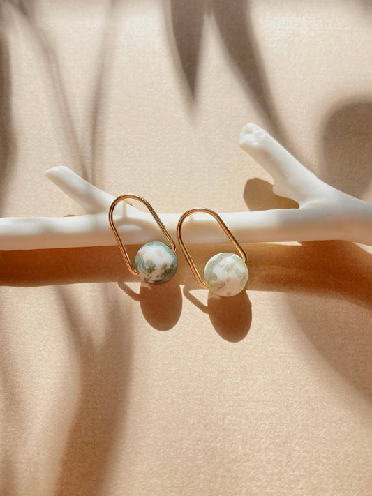 Cove Stud - Minimal Gemstone Arc Frame Stud: 14k gold fill / Moss agate