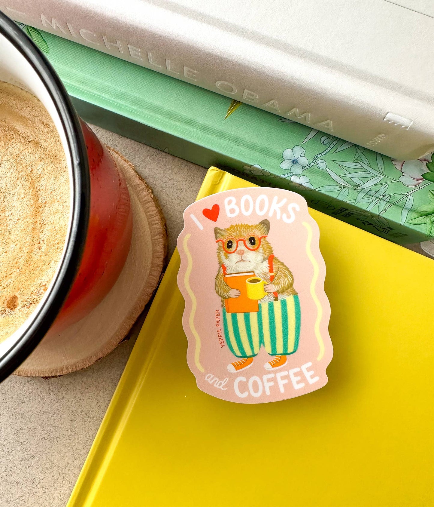 Books and Coffee Loving Bookish Hamster Sticker