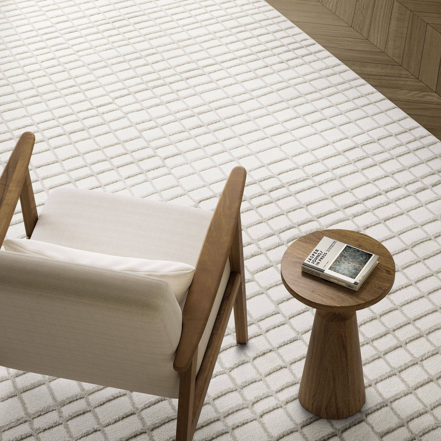 Abani Plush Deco Machine Washable Ivory Taupe Grid Rug: 4' x 6'