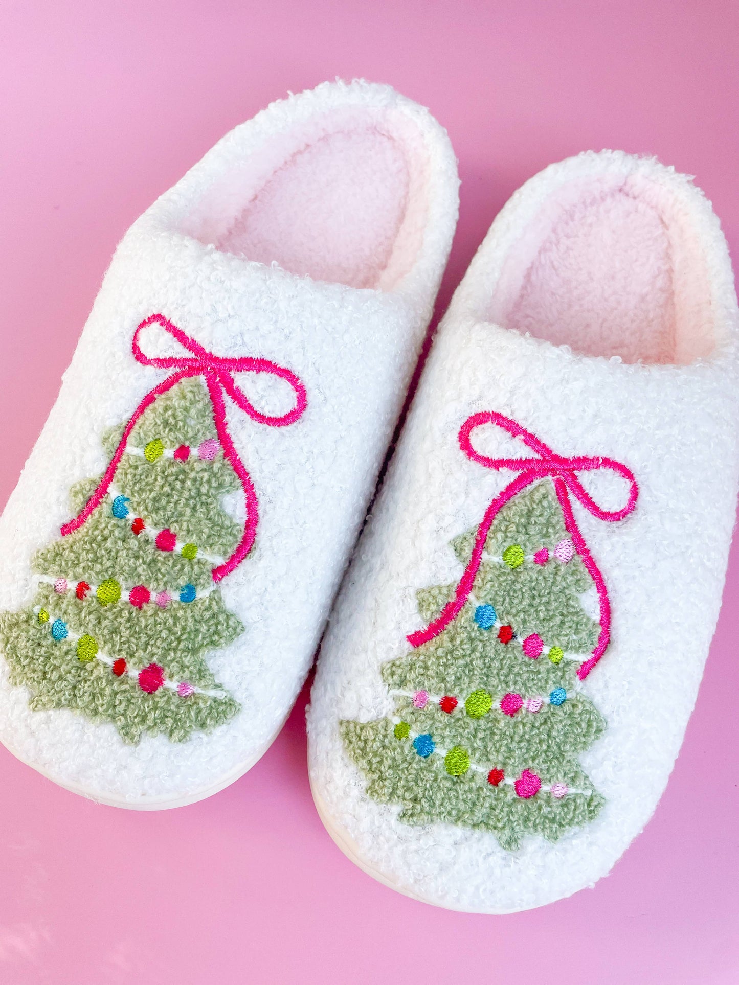 Pink Bow Christmas Tree Slippers - Large