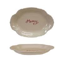 Scalloped Stoneware Plate Merry, Red & White