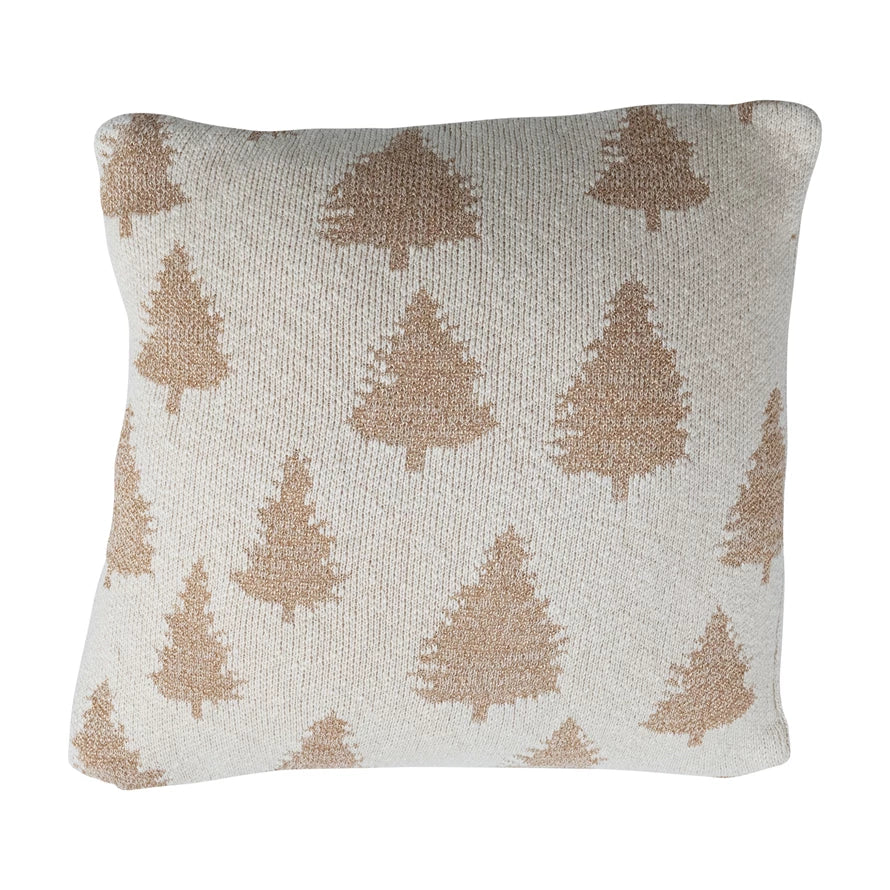 Cotton Knit Pillow with Trees & Metallic Gold Thread
