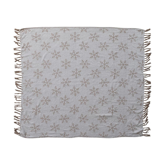 Woven Jacquard Throw with Snowflake Pattern & Fringe