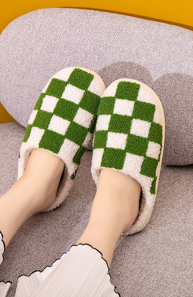 Checker  Illustrated Soft Fluffy Comfy Warm House Slipper: Checker-Green / Small