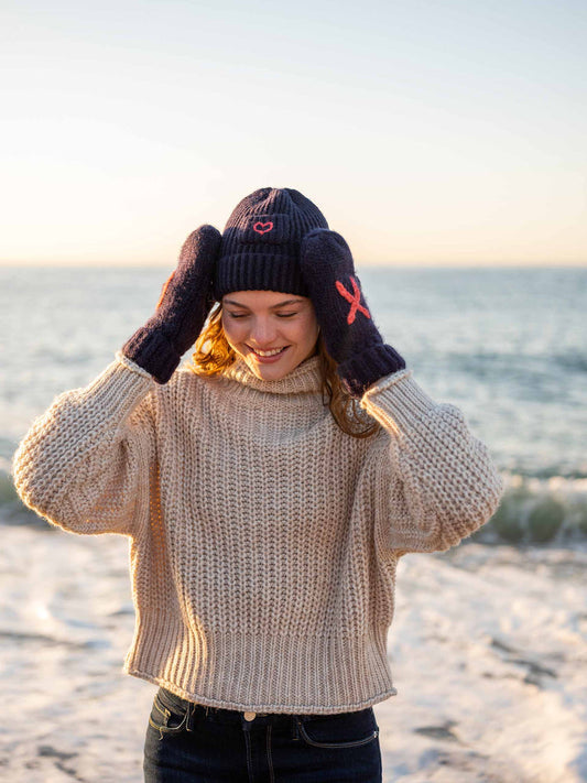 Mersea Sailor Love Knit Heart Beanie Oxford Blue Tarte Red