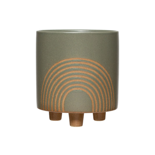 Footed Stoneware Planter with Rainbow Design