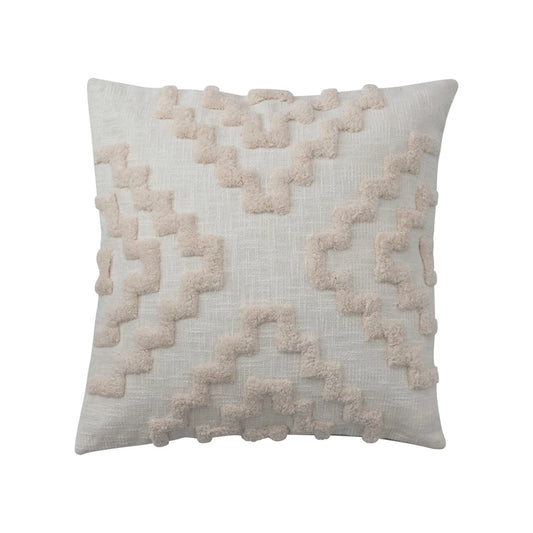 20" Cotton Tufted Pillow w/ Pattern & Chambray Back, Polyester Fill