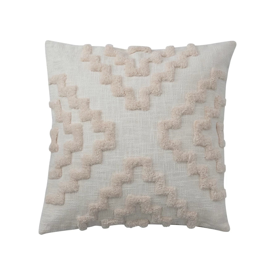 20" Cotton Tufted Pillow w/ Pattern & Chambray Back, Polyester Fill