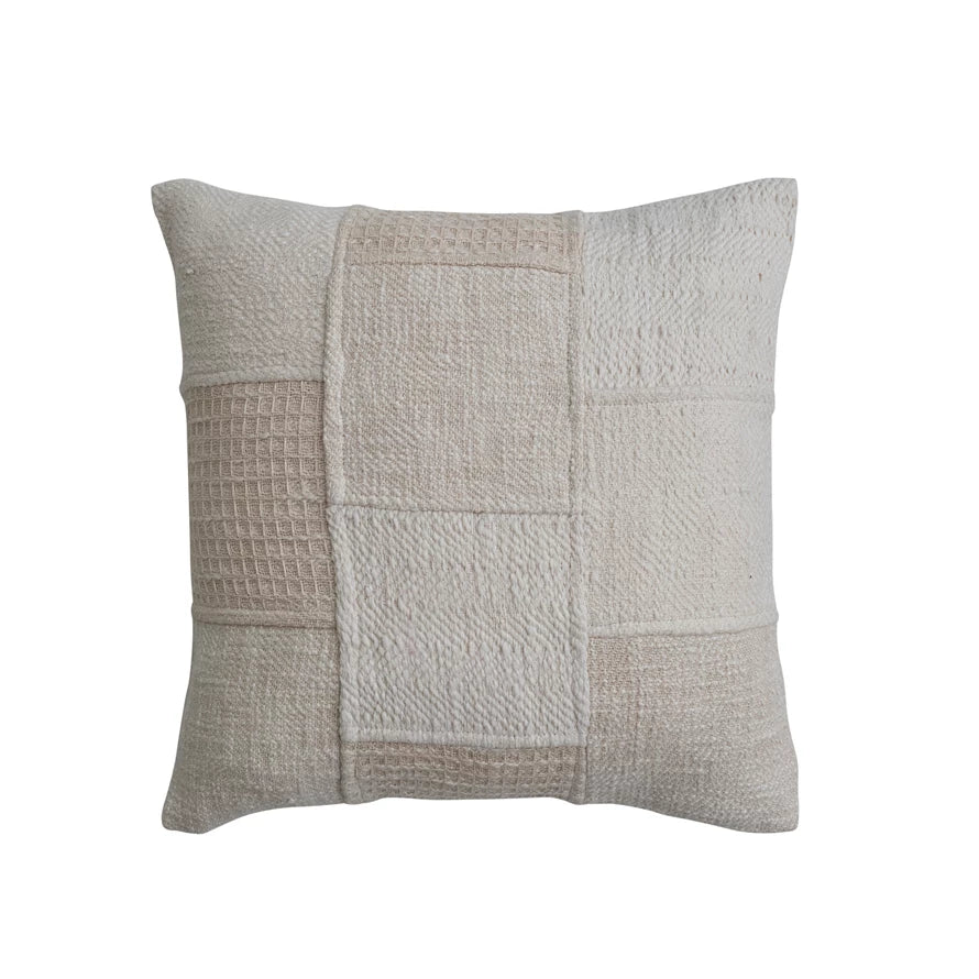 Square Cotton Patchwork Pillow, Cream