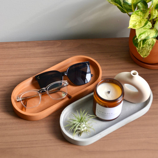 Large Long Round Catch All Tray: Gray / felt pad finish