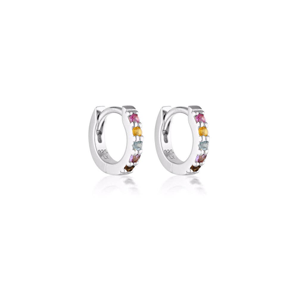 Mini Alpha Huggie Earrings - Rainbow Gemstones: Sterling Silver