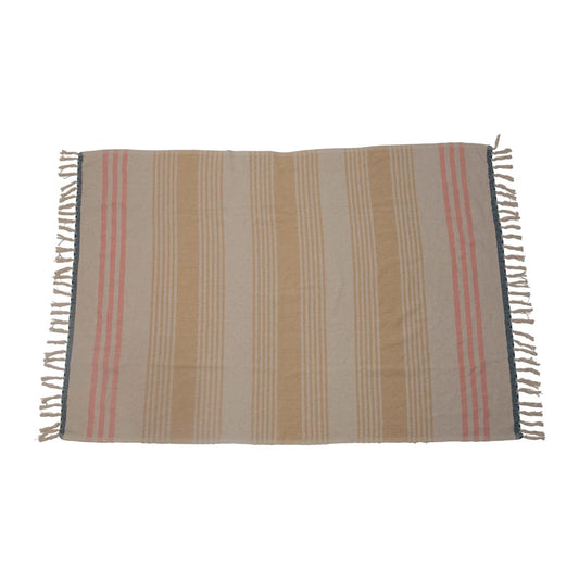 Woven Cotton Blend Throw with Stripes and Fringe