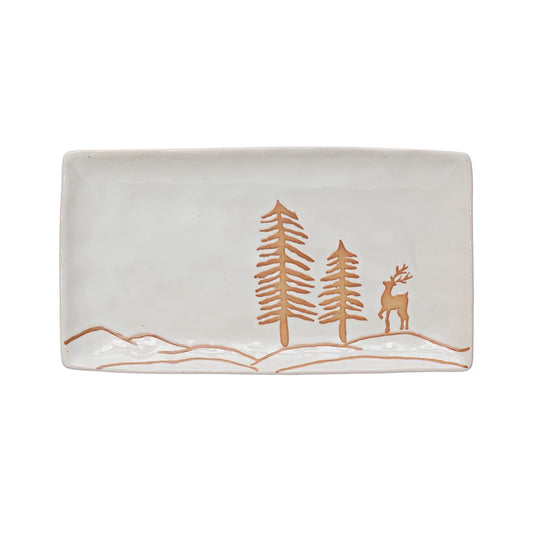 Stoneware Platter with Wax Relief Deer Landscape Image, Reactive Glaze